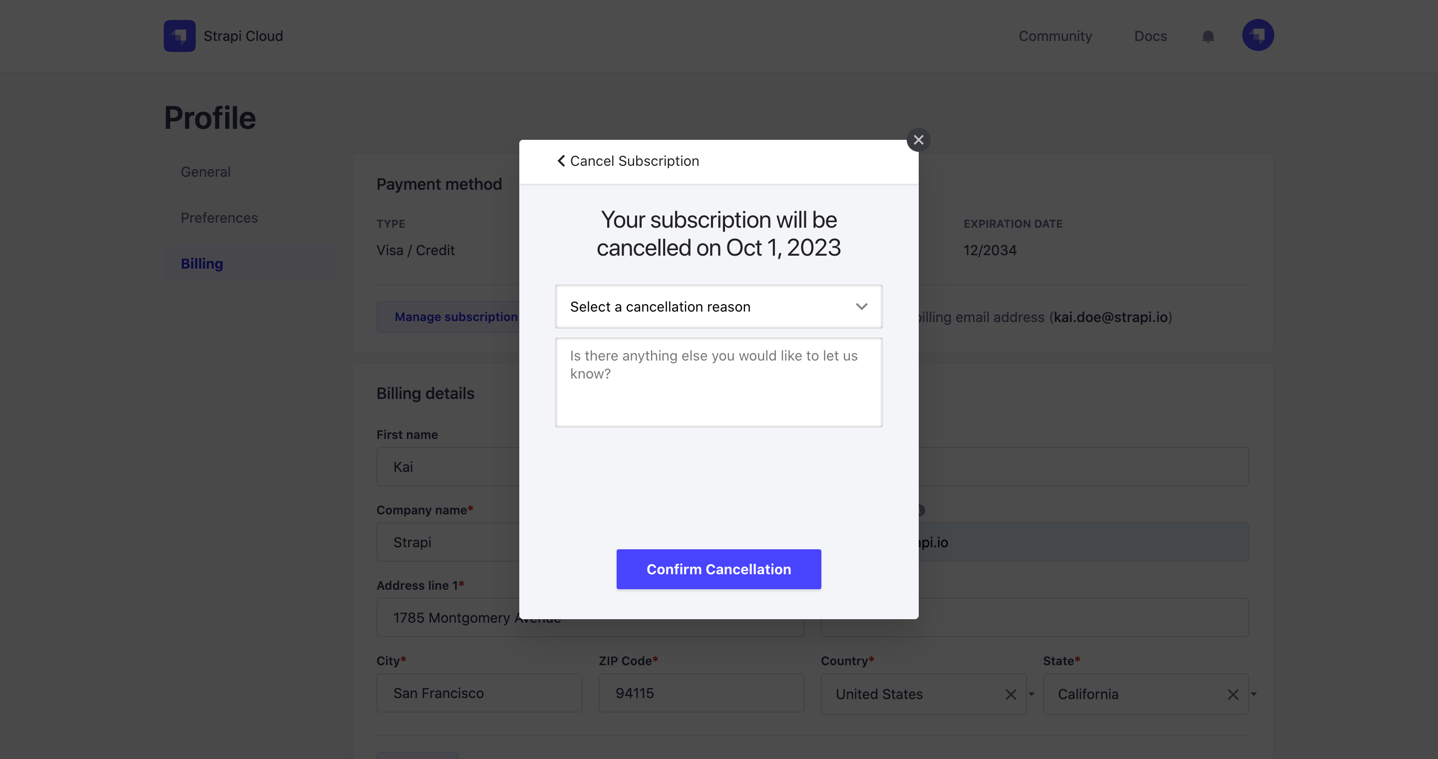 Subscription cancellation modal